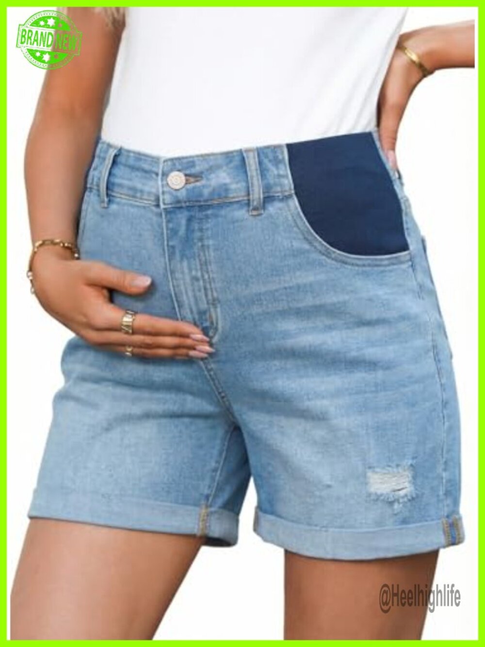 Maternity Jean Shorts Pregnancy Distressed Denim Mid Rise Casual Summer